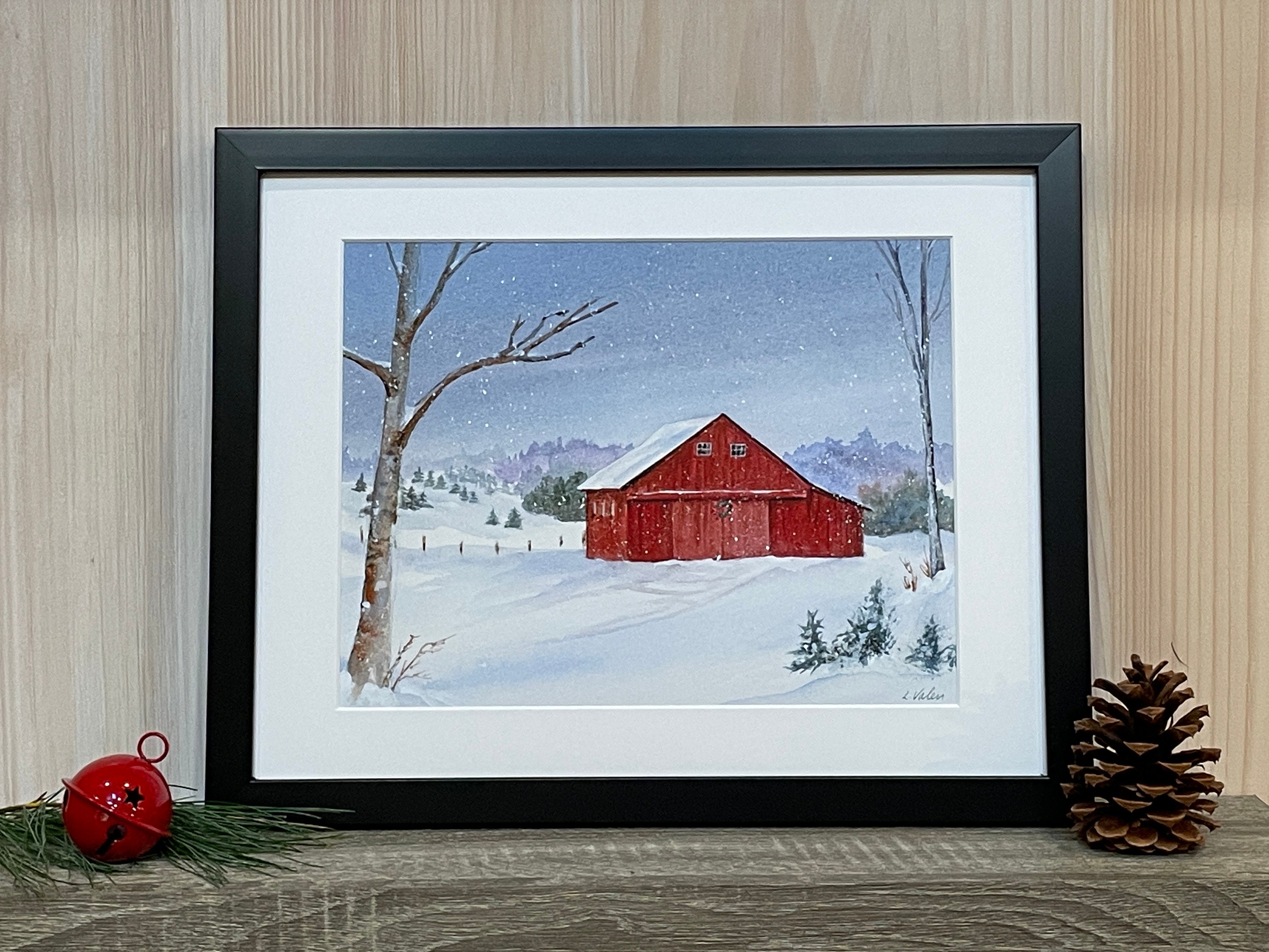 Red Barn Winter Watercolor Art Print: Snow Landscape Painting - Etsy