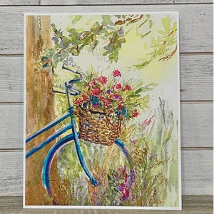 Bicycle Art Print, Basket Flowers Painting, Outdoor Nature Art Print, Watercolor Bike Painting Print Only 8 x 10 inches