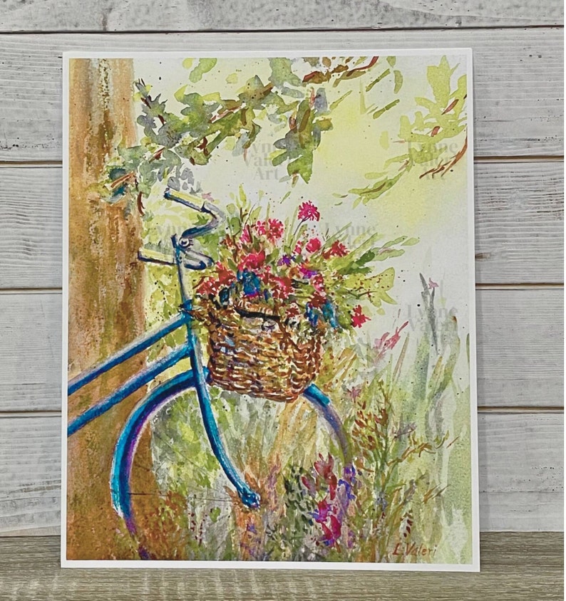 Bicycle Art Print, Basket Flowers Painting, Outdoor Nature Art Print, Watercolor Bike Painting Print Only 8 x 10 inches