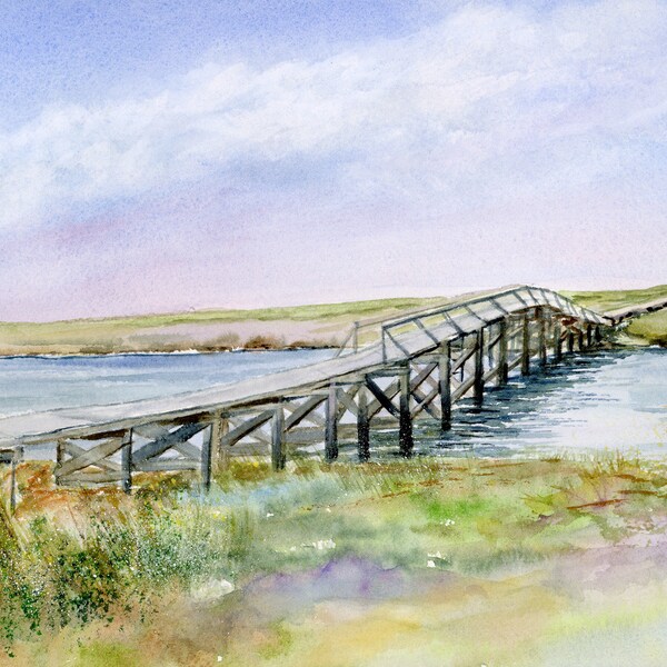 Sandwich boardwalk art print, Cape Cod beach painting watercolor