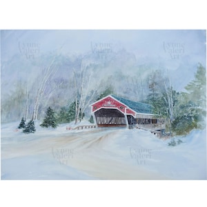 Jackson NH Watercolor Print, Covered Bridge Painting, New Hampshire Wall Art, Winter Wall Decor