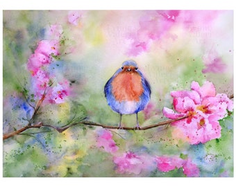 Bluebird Watercolor - Bird Art Print - Cherry Blossoms Watercolor Painting - Nature Art