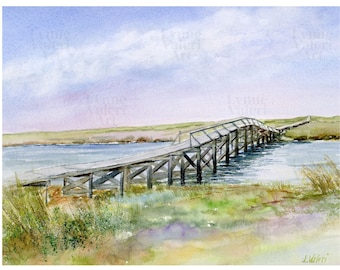 Sandwich boardwalk art print, Cape Cod beach painting watercolor