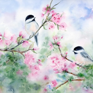 Chickadees Birds Watercolor Art Print, Bird Painting, Pink Floral Wall Decor, Bedroom Bathroom Decor
