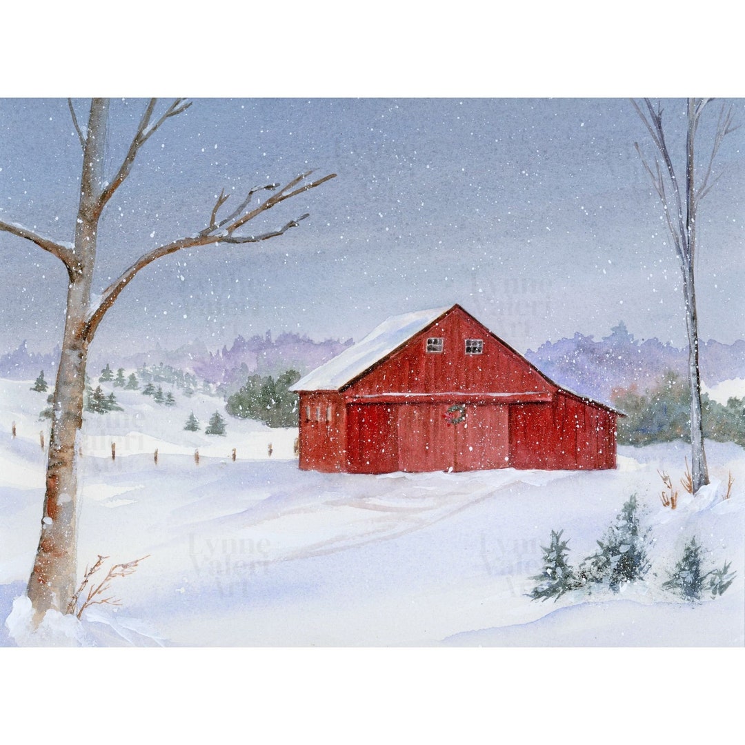 Red Barn Winter Watercolor Art Print: Snow Landscape Painting - Etsy