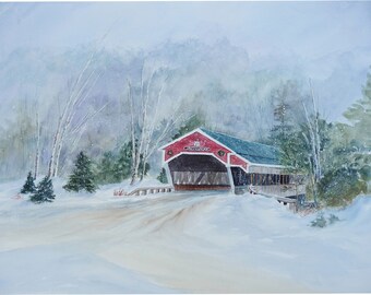 Jackson NH - Covered Bridge - Snow - Watercolor -Winter