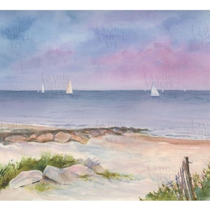 May include: A watercolor painting of a seascape with a sandy beach and a few sailboats in the distance. The sky is a soft pink and purple, and the water is a light blue. The beach is covered in rocks and sand.
