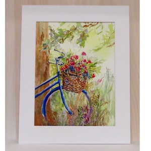 Bicycle Art Print, Basket Flowers Painting, Outdoor Nature Art Print, Watercolor Bike Painting Matted to 11 x 14 inches