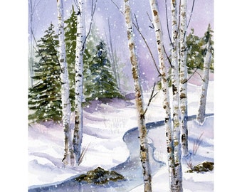 May include: Watercolor painting of a snowy winter scene with birch trees and a winding stream. The trees are white with black markings and the stream is a light blue color. The background is a light purple color with white snow falling.