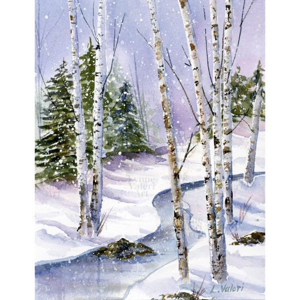 Winter Watercolor Art, Snow Birch Trees Print, Winter Wall Decor, New England Winter, snowfall landscape frozen stream painting