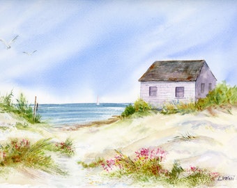 Cape Cod Art, Watercolor Beach Painting, Summer Cottage Art Print, Beach Wall Decor