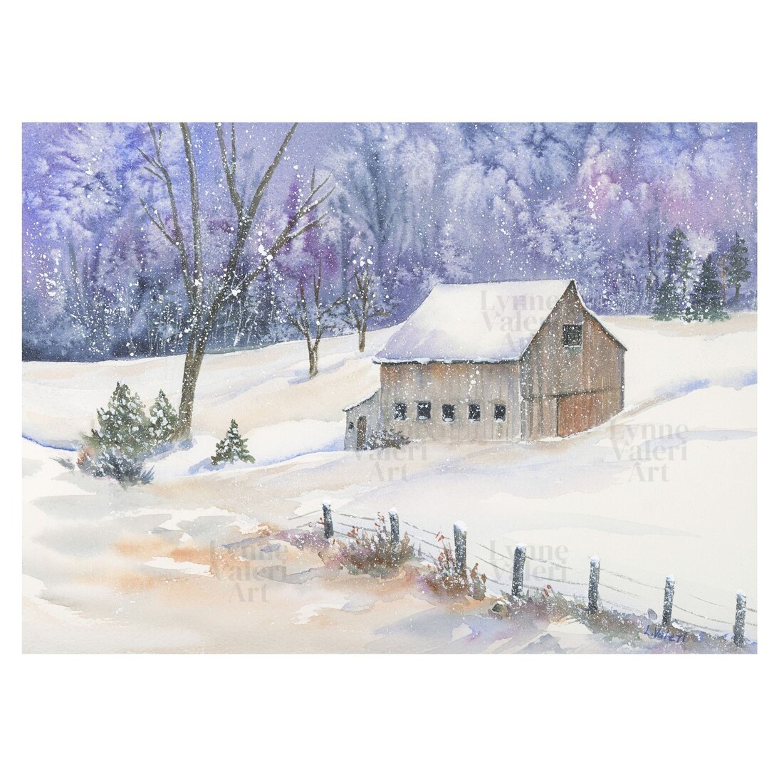 Watercolor Winter Barn Print: New England Snow Landscape - Etsy