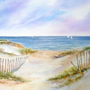 Cape Cod Art - Watercolor Beach Print - Dune Fence Art - Sailboats Ocean Wall Decor