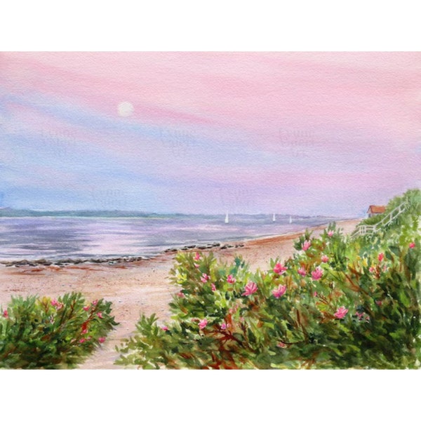 Cape Cod Watercolor Art Print, Ocean Sunset Painting, Moon Sunset Art Print