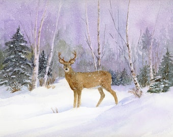 Winter Deer Watercolor Art Print: Snowy Birch Tree Landscape
