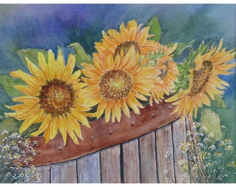Sunflower Watercolor Art Print: Rustic Garden Decor