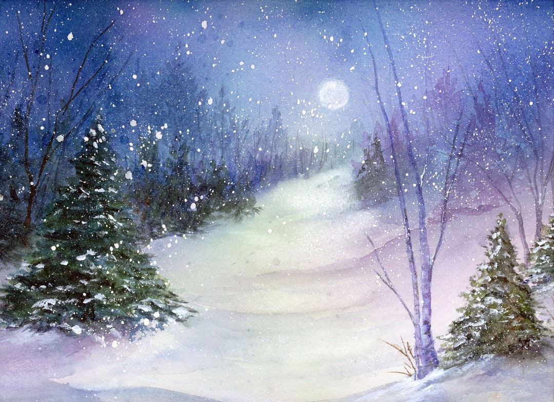 Winter Watercolor, Snow Art Print, Moonlight Forest Painting, Night