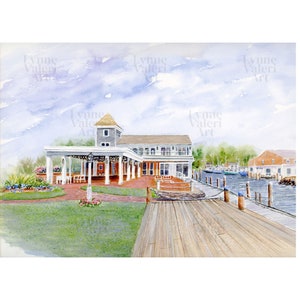 May include: A watercolor painting of a waterfront restaurant with a wooden dock leading to the building. The restaurant has a white exterior with red accents and a covered patio area. There are boats docked in the water behind the restaurant.