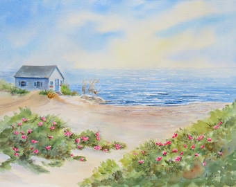 Cape Cod Wall Art, Ocean Cottage Watercolor Art Print