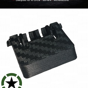 May include: Black 3D-printed component with a textured, checkered pattern. The component has multiple slots and a rectangular base. The image includes the text "STKN 3D PRINTS" and "Designed for AI GPUs Servers Workstations". A "Veteran Owned Business" logo is also present.