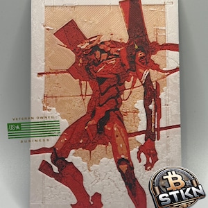 May include: A red and white digital art print of a robot with the text "Veteran Owned, US Business" in the bottom left corner and a Bitcoin logo in the bottom right corner.