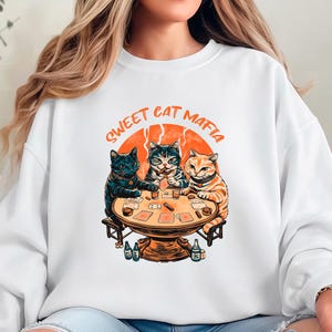 Sudadera con cuello redondo y estampado retro de gatos de la mafia, sudadera con capucha unisex, divertido jersey de animales, suéter de gato apostador, camiseta vintage con juego de cartas de gatito