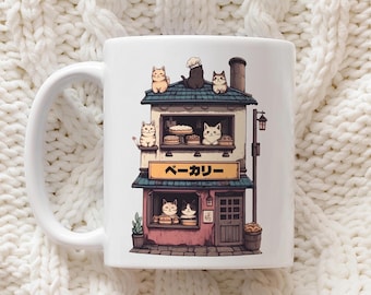 Japanese Baker Cats Ceramic Mug: Retro Bakery Lover Gift