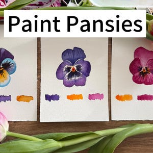 May include: Three watercolor paintings of pansies, each with a different color scheme. The first pansy is blue and yellow, the second is purple, and the third is pink. Each painting has a row of color swatches below the pansy.