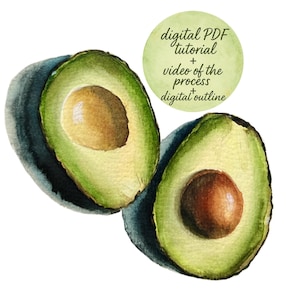 以下が含まれることがあります： アボカドの半分が2つ描かれた水彩イラスト。緑色の果肉と茶色の種が特徴です。アボカドは濃い青緑色の影の上に配置されています。緑色の円には「digital PDF tutorial + video of the process digital outline」と書かれています。