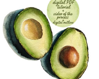 Tutorial de acuarela de aguacate: guía en PDF + video del proceso + contorno digital + fotos de referencia