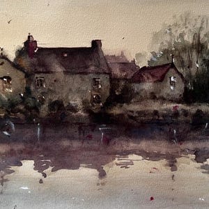 Original Watercolor Painting – Rustic Village by the River – Exclusive Artwork for Cozy Home Decor