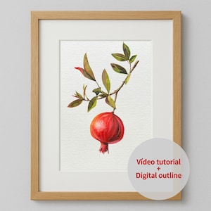 Könnte beinhalten: Aquarellmalerei einer Granatapfel auf einem Zweig mit grünen Blättern und roten Akzenten. Das Kunstwerk ist in einem hellen Holzrahmen mit weißem Passepartout gerahmt. Der Text "Vídeo tutorial + Digital outline" ist enthalten.