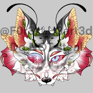 Puede incluir: Ilustración digital de una cara de zorro estilizada con alas de mariposa. La obra de arte presenta una cara blanca y gris con acentos rojos, amarillos y verdes. Los ojos están detallados con tonos rojos y azules, y la imagen incluye el texto "@Foxstar3d".