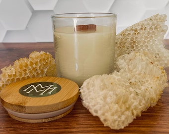 Pure Beeswax Glass Container Wooden Wick Candle with Bamboo Lid