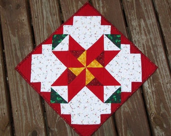 Christmas Quilted ReversibleTable Topper Red Gold Green and White With Holly