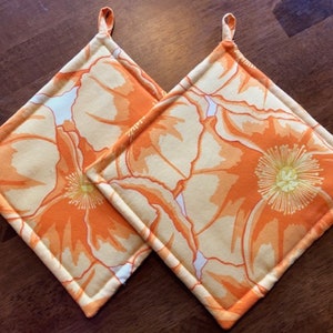 May include: Two orange and white floral pot holders with a diamond shape and a loop for hanging.