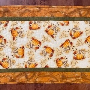 Golden Pumpkins and Red Orange Leaves Fall Autumn Quilted Table Runner Topper Quiltsy Handmade