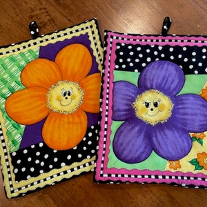 Purple and Orange Smiling Flower Face Pot Holders Set of Two Quiltsy Handmade
