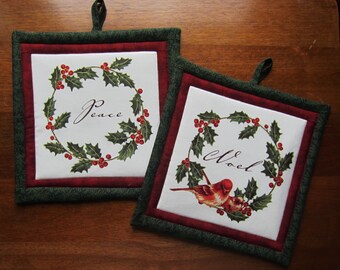 Christmas Noel and Peace Holly and Red Berries Quilted Pot Holders Set of Two Quiltsy Handmade