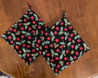 Red Ripe Cherries on Black Quilted Pot Holders Set of Two Quiltsy Handmade