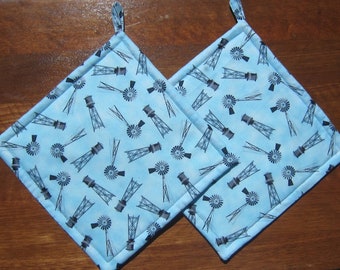 Windmills on Blue Sky Set of Two Quilted Pot Holders Quiltsy Handmade