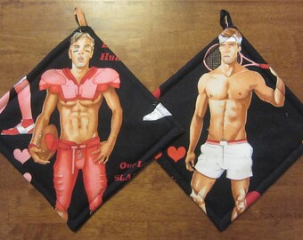 Hot Men Valentine's Day Tennis and Football Player Pot Holders Quiltsy Handmade