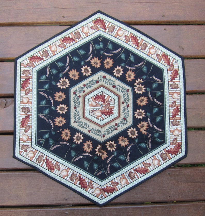 Fall Autumn Strawflowers and Fall Leaves Quilted Hexagon Table Topper Quiltsy Handmade image 1