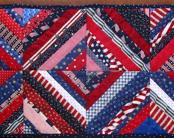 American Patriotic Red White and Blue Scrappy Striped Quilted Pieced Table Runner Quiltsy Handmade