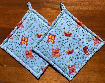 Butterflies and Vines on Blue Spring Quilted Pot Holders Set of Two Quiltsy Handmade