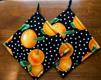 Oranges on Black with White Polka Dots Quilted Pot Holders Set of Two Quiltsy Handmade