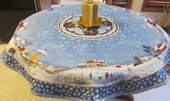 Blue Christmas 54 Round Quilted Table Cloth Snowflakes Christmas Scenes Round Reversible Quiltsy Handmade