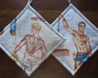 Hot Hunky Sexy Men Construction Workers Set of Two Pot Holders Quiltsy Handmade