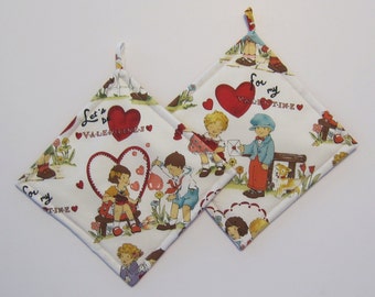 Lets Be Valentines Vintage Pot Holders Set of Two Quiltsy Handmade