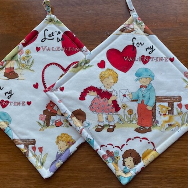 Lets Be Valentines Vintage Heart Quilted Pot Holders Set of Two Quiltsy Handmade